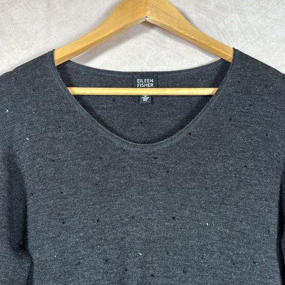Eileen Fisher 100% Merino Wool Sweater Womens PL Sequins VNeck Festive Luxury - Picture 2 of 10